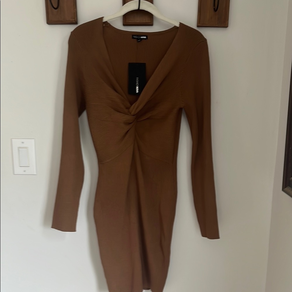 Fashion Nova Brown Ruched Wrap Bodycon Dress